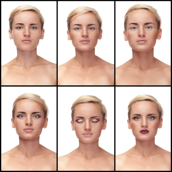 Collage of process to apply make up on woman — Stock Photo, Image