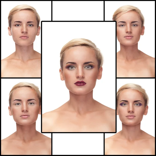 Collage of process to apply make up on woman — Stock Photo, Image