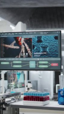 İleri teknoloji ve steril yüzeyleri test, veri analizi ve kimyasal reaksiyon deneyleri için hazır olan dikey video boş klinik laboratuvarı. Sağlık ve İlaç Araştırmaları