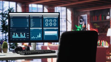 SEO eğilimlerini gösteren ve hedeflenmiş veri içgörülerini gösteren bir çatı katı, ahşap ve cam mobilyaların yer aldığı lüks bir apartman dairesi. Sakin atmosfer için minimalist dekor.