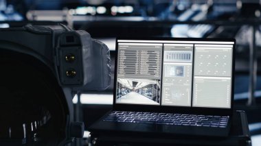 Yıldız gemisindeki dizüstü bilgisayar Mars 'a yörünge uçuşunda termal denge ve çekirdek performans ölçümleri gösteriyor. Uzaylı Kızıl Gezegen 'i gezerken, uzay gemisi motor okumaları analitikleri defterde.