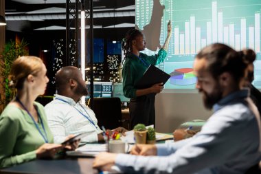 Konferans odasında yıllık raporlarla ilgili sermaye fonları ve gelir verileri sunan baş finans görevlisi, kar artışı ve yeni proje için bütçe tahsisini gözden geçiriyor. Geç saat toplantısından sonra.