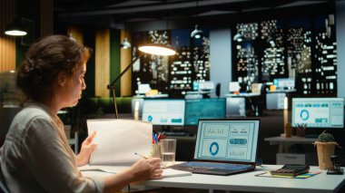 Yönetici, bir sonraki toplantı, büyüme planı için ikna edici bir sunum yaratmak amacıyla strateji odasında bir rapor hazırlamak ve güncellemeleri gece vakti belgelemek için rakamları araştırıyor. Kamera A.