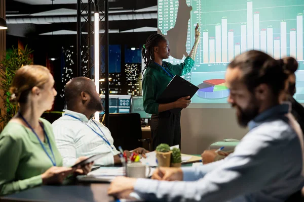 Konferans odasında yıllık raporlarla ilgili sermaye fonları ve gelir verileri sunan baş finans görevlisi, kar artışı ve yeni proje için bütçe tahsisini gözden geçiriyor. Geç saat toplantısından sonra.