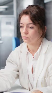 İş yerinde Asyalı iş arkadaşının yanındaki gösterge çözeltisiyle dolu laboratuvar camı kullanan dikey video kimyacısı. Laboratuvar bilimcisi bilgisayarını kullanarak kimyasal sıvıyla silindiri inceliyor.