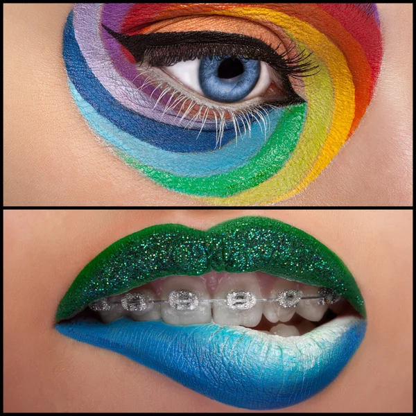 Collage d'un œil et des lèvres avec la mode sur scène maquillage Photos De Stock Libres De Droits