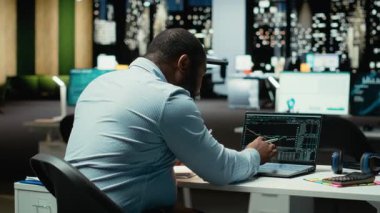 Öfkeli siyahi adam ön x eğilimi düşerken para kaybediyor, borsa göstergelerinin düştüğünü görüyor ve gece geç saatlerde iflastan endişe ediyor. Stresli bir insan. Kamera B.