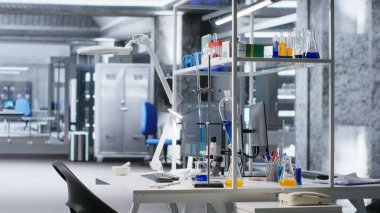 Boş laboratuvar çalışma alanı, analiz için hazırlanmış kavanoz ve kan örnekleri veya araçları gösterir. Klinik kurulum biyoteknoloji, kimya ve moleküler biyoloji ekipmanlarını test etmek için yansıtır.