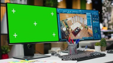 İç tasarım için çift monitörlerde model ekran ve mimari arayüz, CAD yazılım dekorasyon 3D tasarım ve yeniden modelleme ile daire düzeni. İş yerinde yenilik.