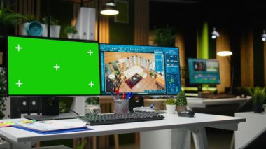 İç tasarım için çift monitörlerde model ekran ve mimari arayüz, CAD yazılım dekorasyon 3D tasarım ve yeniden modelleme ile daire düzeni. İş yerinde yenilik.