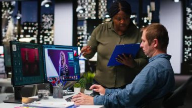 İki grafik editörü yapay zeka ve yazılımı renk rötuşlaması için kullanıyor, yaratıcı endüstri için profesyonel içerik yaratıyorlar. Fotoğrafları ve materyalleri düzenleyen çeşitli fotoğrafçılar, metinden görüntüye. Kamera B.