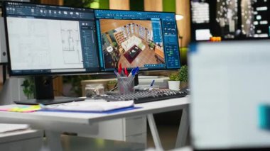 3D yazılımlı çift monitörlü modern mimari çalışma alanı ve ekrana döşeme planı. İç tasarım, tasarım ve mühendislik yaratıcılık ve yeniliğe odaklandı.