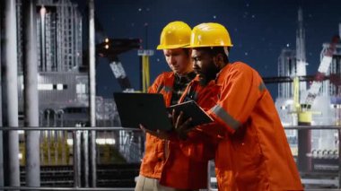 Deniz aşırı çeşitli işçiler sondaj sondaj sondaj sistemlerini laptop ve tabletle izleyip, endüstriyel platformdan doğal gaz ve petrol çıkarmayı yönetiyorlar. Petrol ve gaz endüstrisi. Kamera B.