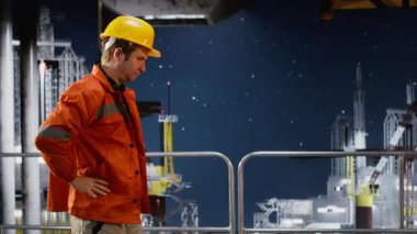 Sert şapkalı sabırsız mühendis geriliyor ve petrol üretim endüstrisindeki doğal gaz çıkarma sorunlarını düşünüyor. Sondaj platformunda boğuşuyorlar. Kamera B.