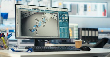 Yeşil enerjili güneş panelleri fabrikasındaki masada bilgisayar monitörü. Planları optimize etmek için CAD yazılımı kullanılıyor. Çevre dostu fotovoltaik fabrikasındaki bilgisayar programı maksimum enerji çıkışı için düzenlemeler yapıyor