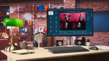 Bilgisayar masasında yapay zeka GPT uygulamasının UI ile birlikte metni fotoğrafa, el kamerası görüntüsüne dönüştürüyor. İnternet sitesi PC ekranında resim yapay zeka üretken modellerine metin gösteriyor