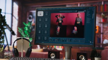 PC monitöründe fotoğraf oluşturan görüntü anlama yeteneğine sahip üretici yapay zeka GPT. Bilgisayar ekranında yapay zeka asistanı yüksek çözünürlüklü canlı benzeri görüntüler yüklüyor