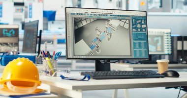 Çalışmayan sistemleri teşhis etmek için kullanılan boş fotovoltaik fabrikasındaki bilgisayar monitörü. Güneş panellerindeki masada bilgisayar ekranı sistem güvenilirliğini korumak için kullanılan fabrika imalatı