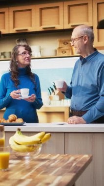Dik Videolu Neşeli yaşlı insanlar onun mutfağında rahat bir yaşam tarzının keyfini çıkarıyorlar. Yaşlı çift huzur içinde gülümsüyor. Sağlıklı refahı ve emeklilik yaşının dengeli zevkini yansıtıyor. Kamera A