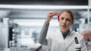 Hastalık araştırmaları klinik testleri için laboratuvar uzmanı kan örneklerini analiz ediyor. Laboratuvardaki kadın bilim adamı test için sanguin sıvısı şişeleri üzerinde araştırma yapıyor.