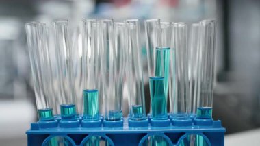 Cam şişeler ve beherlerde renkli kimyasal çözeltilerle dolu laboratuvar tezgahlarını kapatın. Sıvı ayırıcı deneyleri ve bileşik testleri için boş kimya çalışma alanı hazırlanıyor
