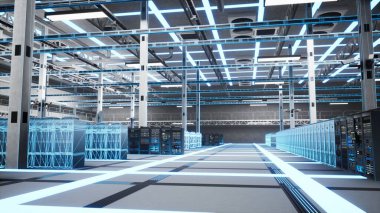 Bakım, sistem güncellemeleri ve veri merkezindeki yapay zeka donanımı, dijital ikiz taraması. Sistem sağlık kontrolü ve işlevsel izin süreleri için kullanılan sunucu dolaplarının mavi VFX tanı taraması