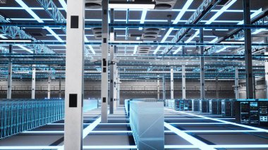 Bulut hesaplama ve internet bağlantısı için kullanılan sunucu odası depolama birimleri. Küresel veri transferleri için kullanılan gelişmiş bant genişliği veri merkezi altyapısının mavi tel örgüsü