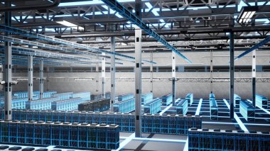 Dijital ikiz, sanal ve sunucu rafları veri merkezinde, mavi kablo tarama hatlarıyla haritalanmış. Modern tesis, donanım ve mavi holografik kaplama altyapı haritalama kavramını gösteriyor