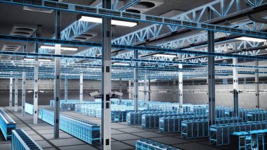 Yapay zeka eğitimi için kullanılan veri merkezi sunucuları, holografik kaplama. Makine öğrenme simülasyonlarında kullanılan AI sinirsel ağ tarım ekipmanının 3D mavi kablo çizimi