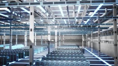 Gelecek nesil bilgisayarlar için ileri teknoloji, yenilik ve yüksek teknoloji sunucu çiftliği. Gelişmiş veri merkezi mimarisini yeniden oluşturan elektronik üzerinde dijital ikiz tarama animasyonu