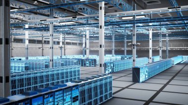 Modüler ekipmanlar, veri merkezi ve depolama dizisi olarak kullanılan rackmount sunucuları. Süper bilgisayarlı yüksek teknoloji sunucu odası tesisi, ağ donanımı ve mavi kablo taraması 3D