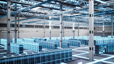 Yüksek teknoloji sunucu odası altyapısı şirketlerin veritabanı ve dosyaları yönetmesine yardımcı oluyor, VFX örtüşmesi. Boş veri merkezinde bıçak sunucularının mavi holografik dijital ikiz taraması