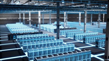 Veri merkezi güncelleme sistemlerindeki yapay zeka donanımları, bakım, dijital ikiz kavramı. Sunucu çiftliği platformları altyapının çalışma saatlerini korumak için sağlık taraması yapıyor