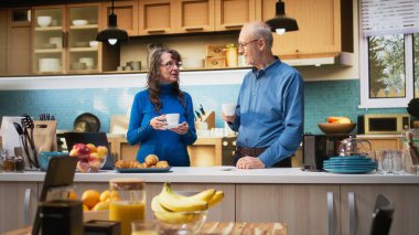 Apartmanının mutfağında rahat yaşam tarzının keyfini çıkaran neşeli yaşlı insanlar. Yaşlı çift huzur içinde gülümsüyor. Sağlıklı refahı ve emeklilik yaşının dengeli zevkini yansıtıyor. Kamera A.