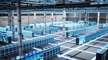 Bilgi işlem altyapısı, bıçak sunucuları ve veritabanı yönetimi için dijital ikiz taraması. İş işleri ve web sitesi sunuculuğu için kullanılan veri merkezi ekipmanlarının 3D render mavi wirefram VFX bileşimi