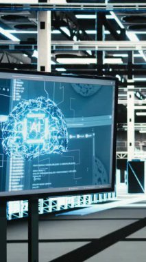 Dikey video Veri Merkezi Yapay Zeka teknolojisi mavi kablo ağ ekipmanı donanımı, VFX bileşimini denetliyor. Boş sunucu odasında AR ile donanımı izleyen yapay zeka LLM