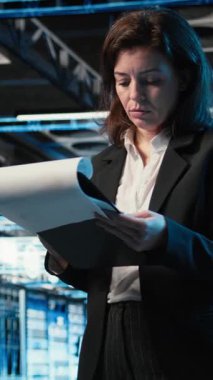 Dikey video veri merkezi yönetimi evrak okuyor, mavi kablo ağ donanım donanımlarını inceliyor. Sunucu çiftliğinde çalışan kadın AR altyapı görselleştirmesi ile çevrili belgeleri analiz ediyor.