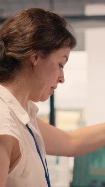 Dikey Video Çokuluslu çalışma ekibi profesyonel bir ofis çalışma alanındaki iş istihbarat raporlarını ve ölçümleri analiz ediyor. Takım işbirliği hedeflere ve üretkenliğe, görsel verilere odaklandı.