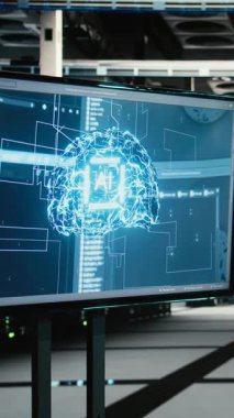 Boş veri merkezinde dikey video monitörü ve bilişim altyapı sorunlarını çözmek için kullanılan AR görselleştirmesi. Mavi kablo ağ dişli sistem arızalarını gidermek için kullanılan sunucu merkezinde büyük ekran, VFX