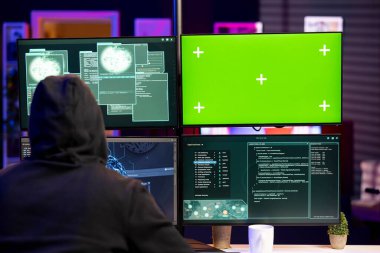 Hacker yeşil ekran PC kullanarak sahte saldırılar yapıyor, kullanıcıları kredi kartı verilerini açığa çıkarmak için kandırıyor. DDoS saldırıları düzenleyen adam, web sitelerini çökertmek için sunucuları sel basıyor