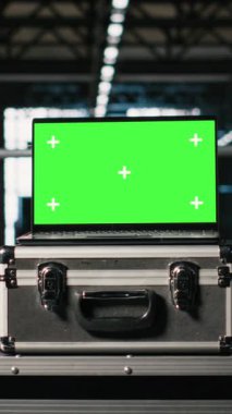 Ağır sanayi tesisi için kullanılan boş makine salonunda dikey video krom anahtar dizüstü bilgisayar. Çelik işleri ve ağır ekipmanlar endüstriyel çevre, üretim ve mühendislik altyapısına hakim.