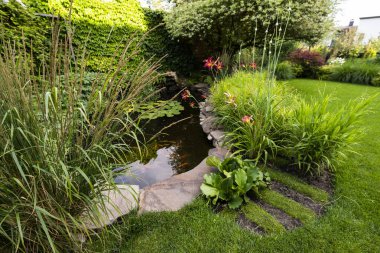 Çiçekler ve çalılarla çevrili doğal taştan bir gölet ve bir şelale.