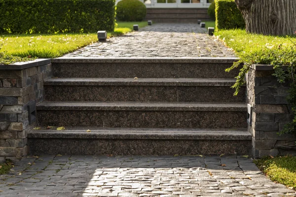 Stenen Trappen Straat Buurt Van Het Groene Grasveld Buiten Een — Stockfoto