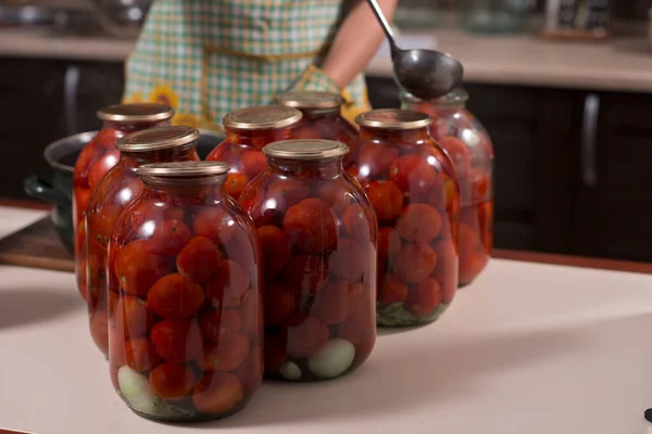 Homemade Tomatoes Prepared Canning Houses Glass Jars — Stock Photo, Image