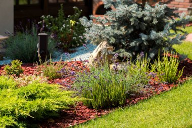 Bahçe düzenlemesi, meşe parçalarıyla süslenmiş çiçek yatağı ve çiçek ve ladin ile süslenmiş dekoratif taşlar.