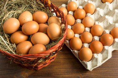 sepet ve tepsi deposunda kahverengi tavuk yumurtası