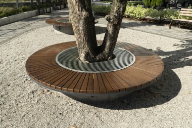 Peyzaj parkındaki bir ağacın etrafında tahta koltuklar.