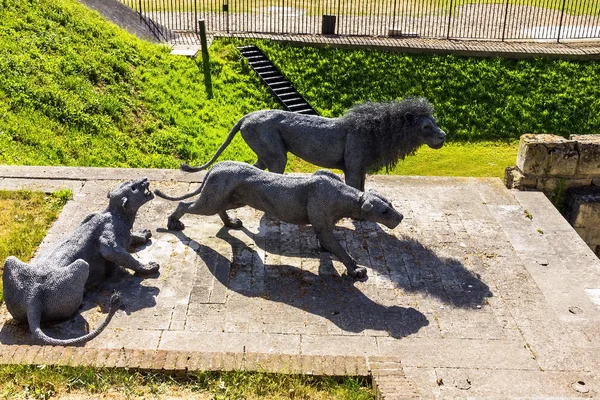 Aslanlar tel yapılan mesh Kendra Haste tarafından alt kısmında kurumuş bir hendek orta Kulesi önünde. Tower of London. İngiltere — Stok fotoğraf