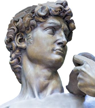 Michelangelo'nun David heykeli beyaz arka plan üzerinde close-up detay