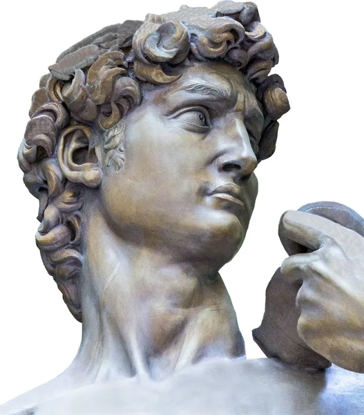 Dettaglio primo piano della statua del David di Michelangelo su sfondo bianco — Foto Stock